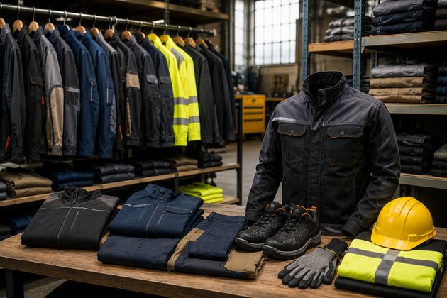 Esposizione di abbigliamento da lavoro con giacche, stivali, guanti, caschi e vestiti piegati in un negozio.