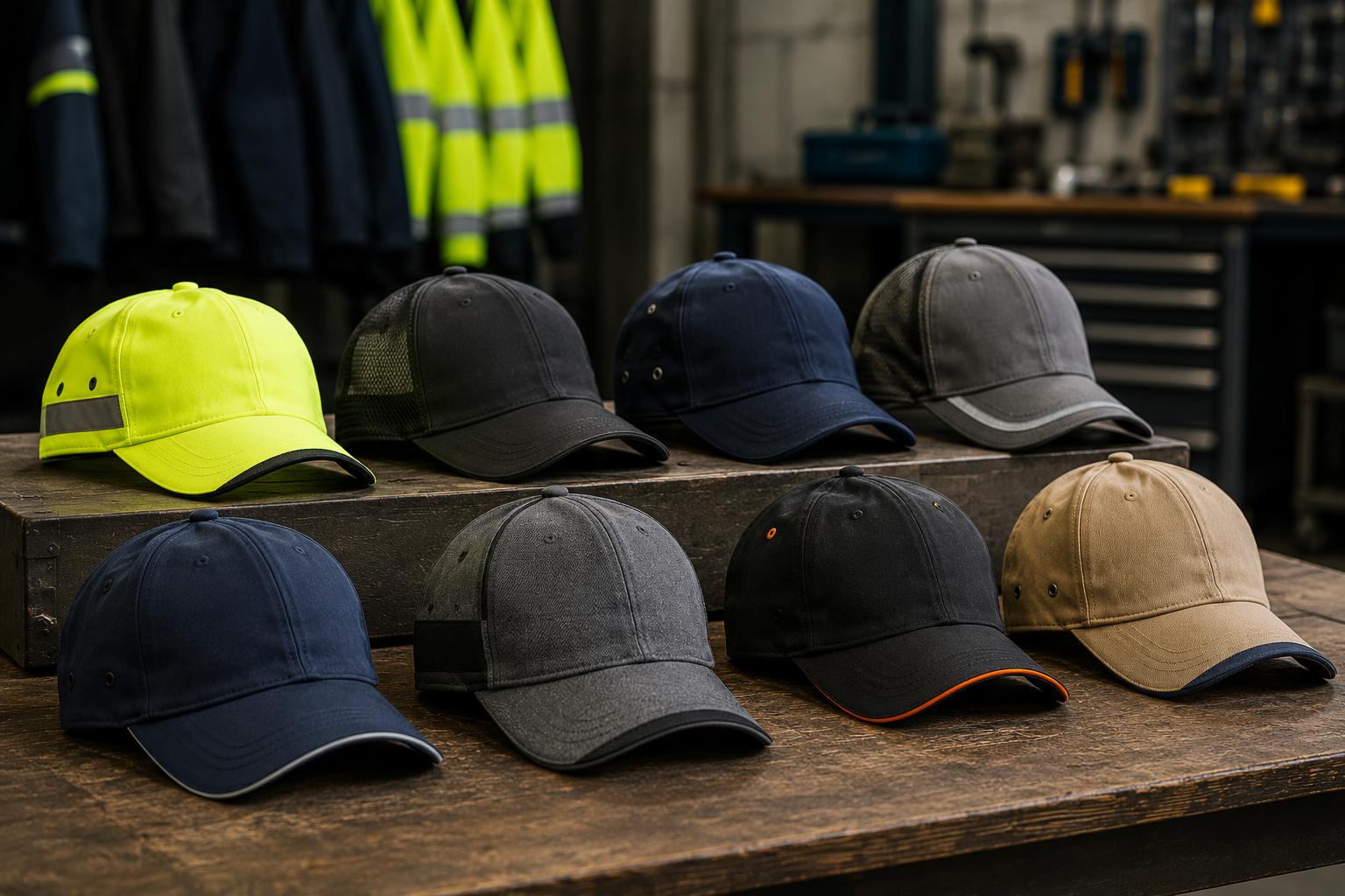In un negozio, su un tavolo di legno, si trovano diversi tipi di cappellini da baseball nei colori blu navy, nero, grigio, beige e giallo fluo.