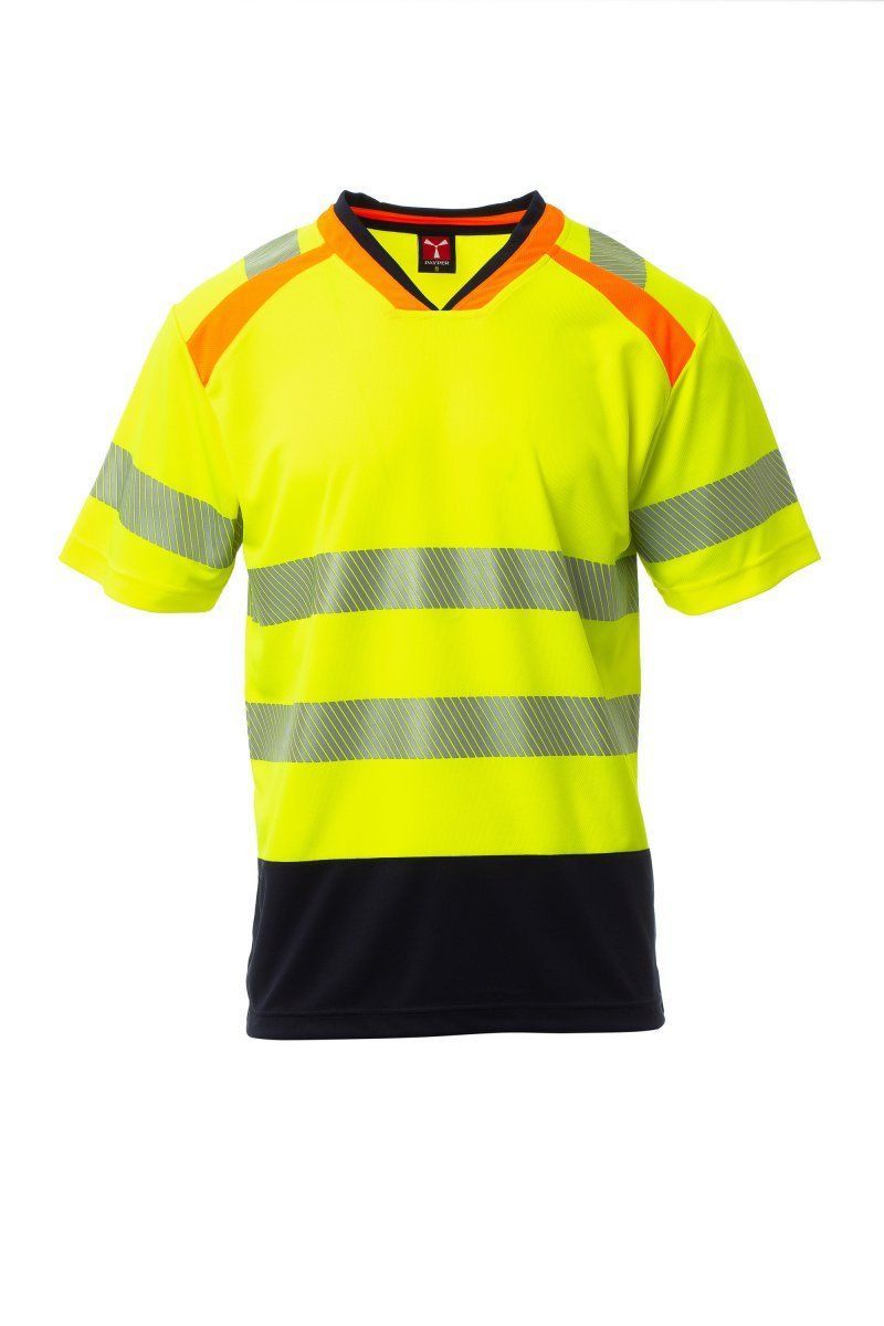 Camicia di sicurezza gialla ad alta visibilità con dettagli arancioni e strisce riflettenti argentate.