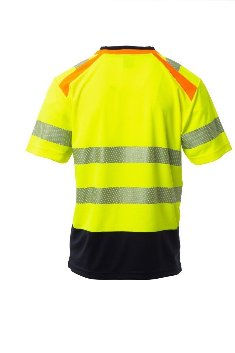 Camicia di sicurezza gialla ad alta visibilità con strisce riflettenti argentate e pannello inferiore nero, vista frontale