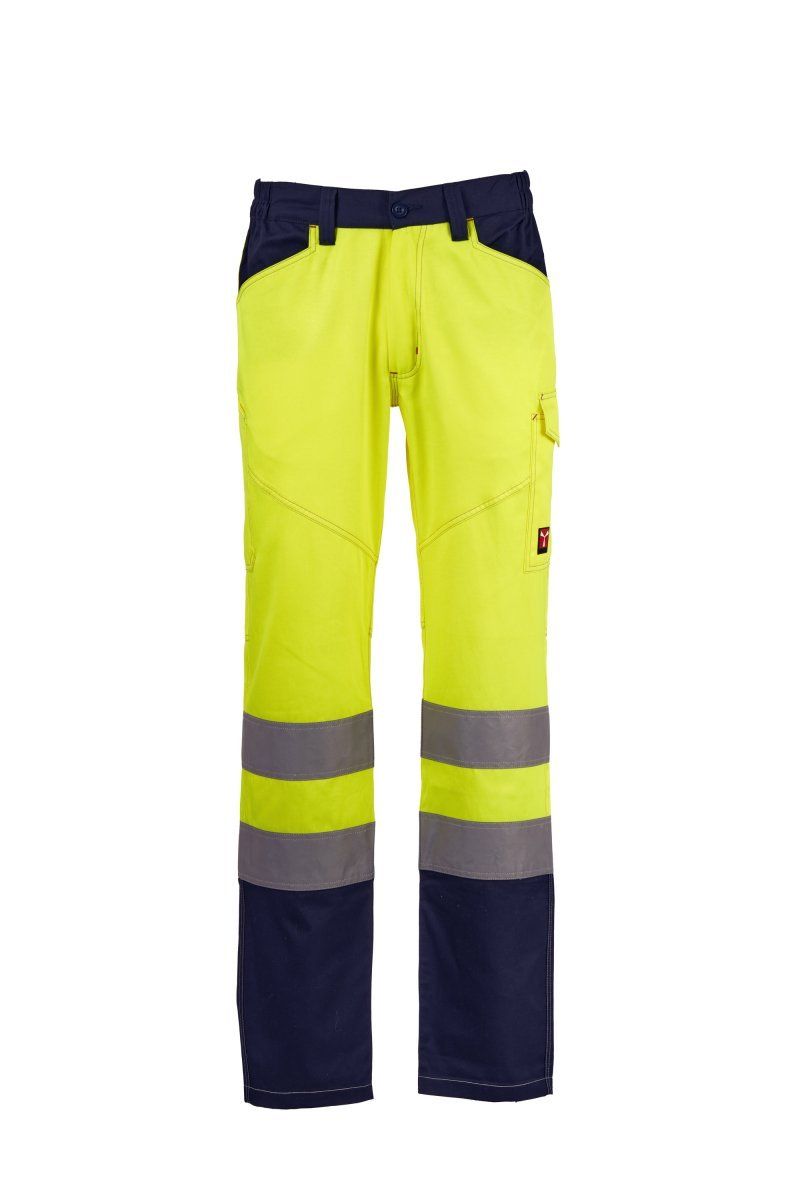 Pantaloni da lavoro gialli ad alta visibilità con inserti blu navy e strisce riflettenti sulle gambe.