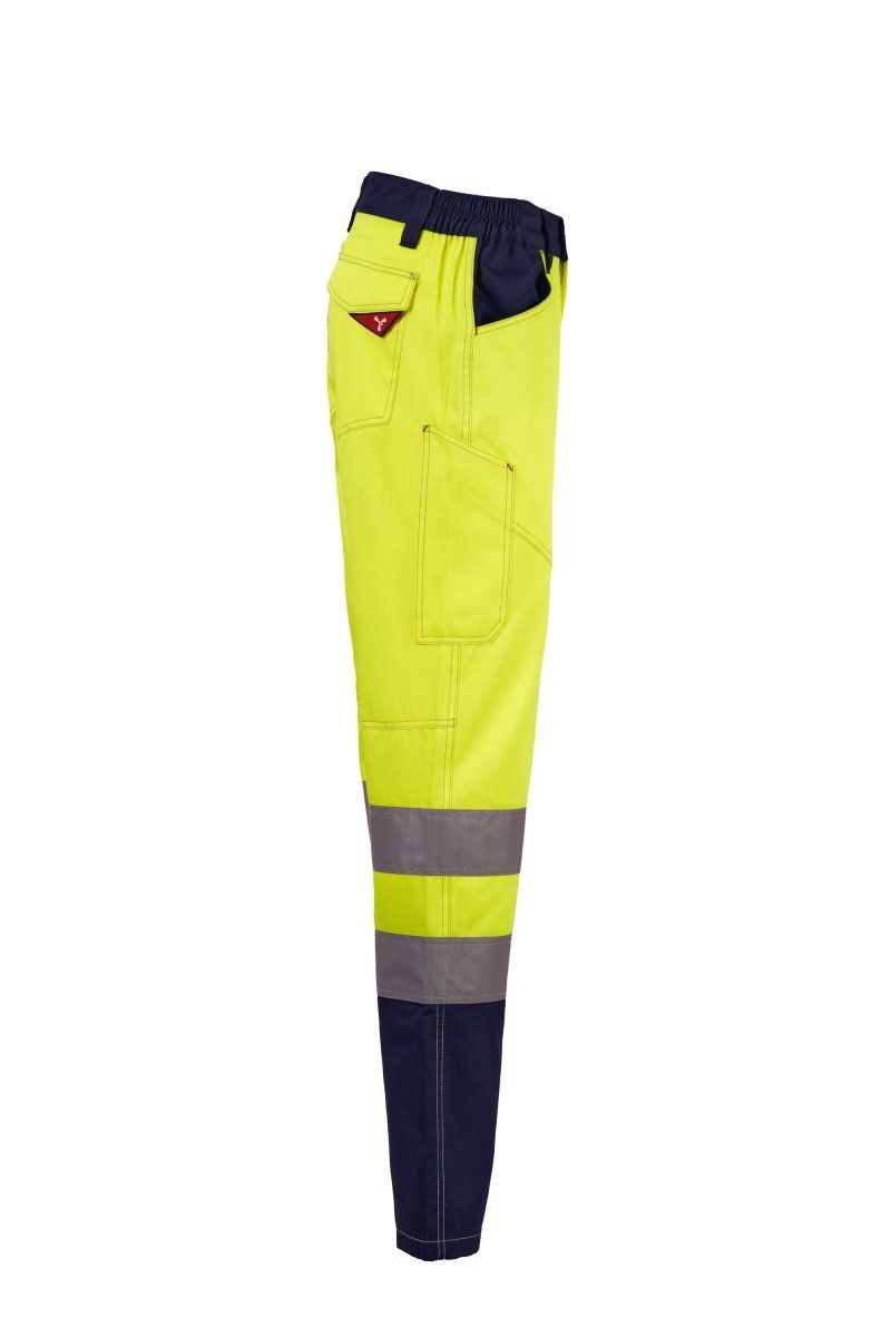 Pantaloni da lavoro giallo neon e blu navy con bande riflettenti, isolati su sfondo bianco.