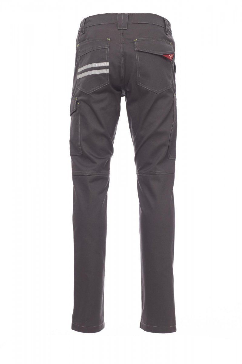 Pantaloni da trekking grigio scuro con tasche laterali e strisce riflettenti, visti frontalmente su sfondo bianco.