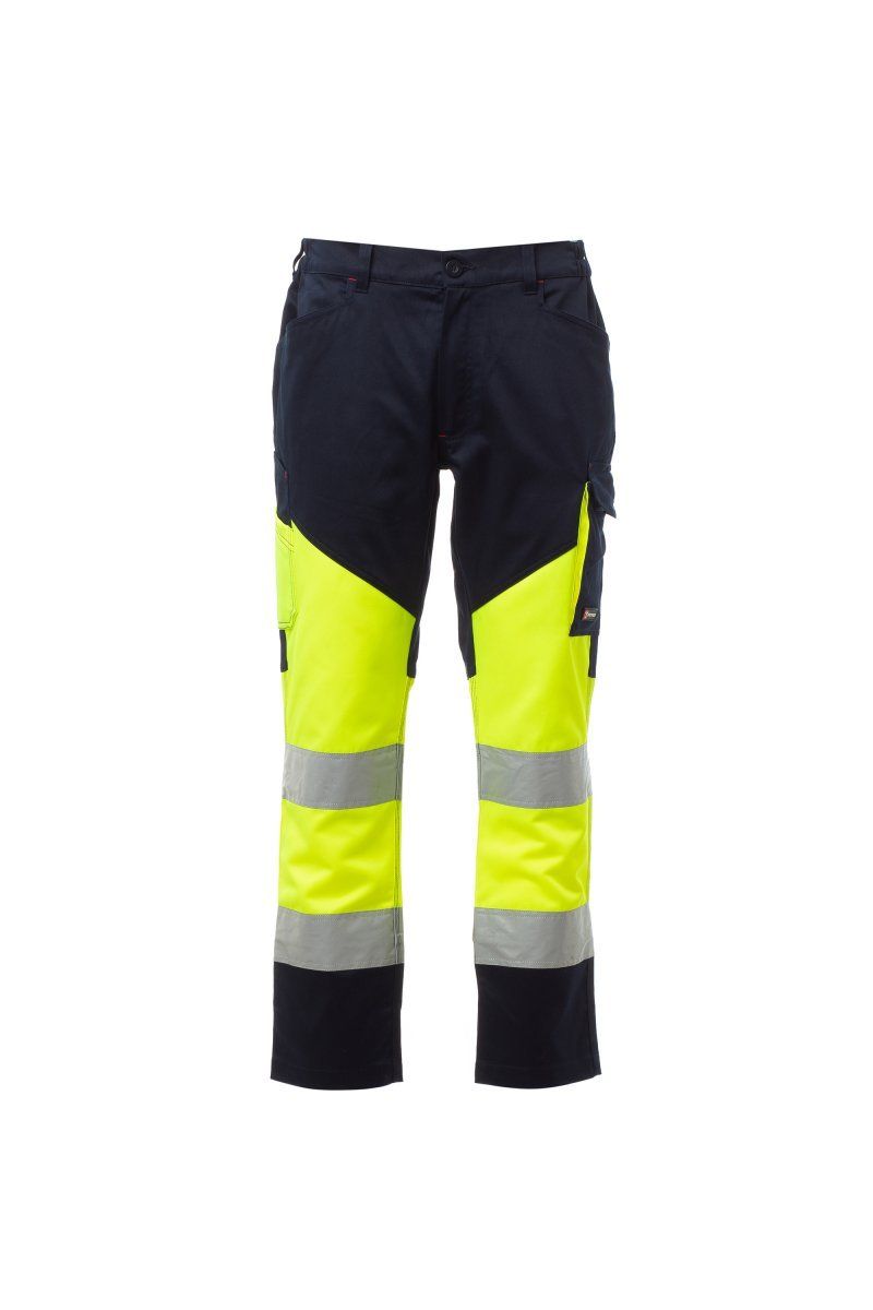 Pantaloni da lavoro ad alta visibilità con inserti giallo neon e strisce riflettenti, parte superiore e polsini blu navy