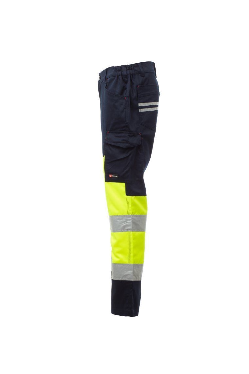 Pantaloni da lavoro ad alta visibilità blu navy e giallo neon su sfondo bianco.