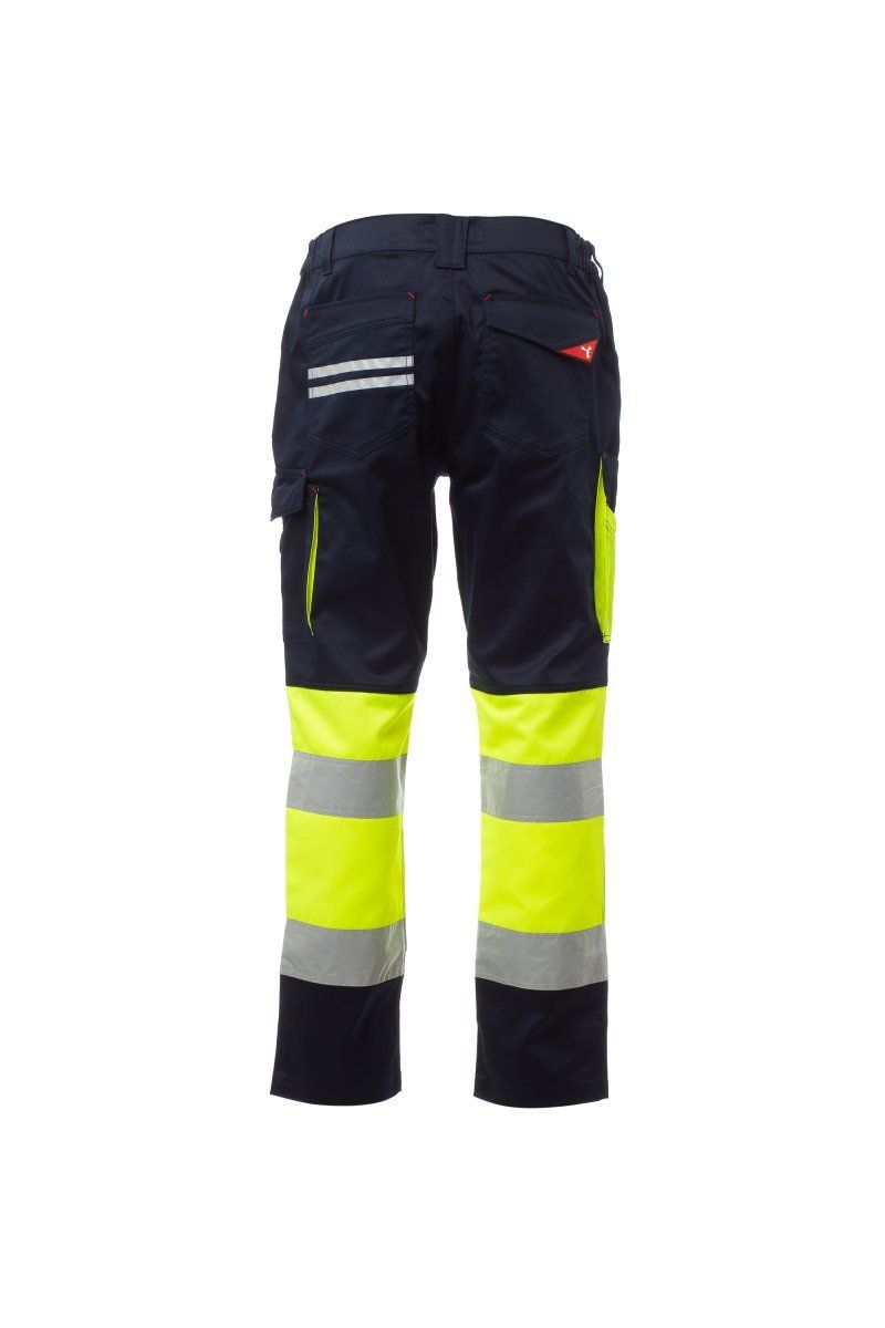 Pantaloni da lavoro ad alta visibilità con strisce riflettenti blu navy e giallo neon.