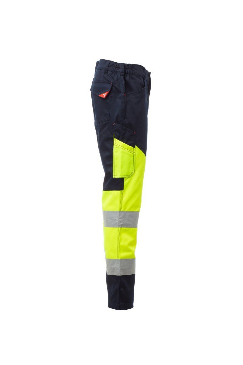 Pantaloni da lavoro ad alta visibilità con inserti riflettenti giallo neon e tessuto blu navy