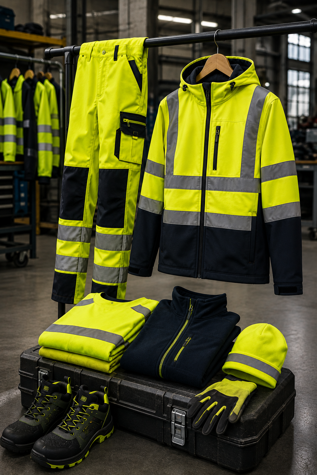 In mostra in un magazzino un completo da lavoro ad alta visibilità: giacca, pantaloni, guanti e stivali giallo neon e blu navy.