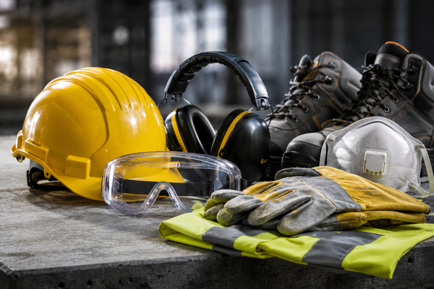 Dispositivi di protezione individuale da cantiere su un banco da lavoro: elmetto giallo, occhiali protettivi, cuffie antirumore, guanti e mascherine.