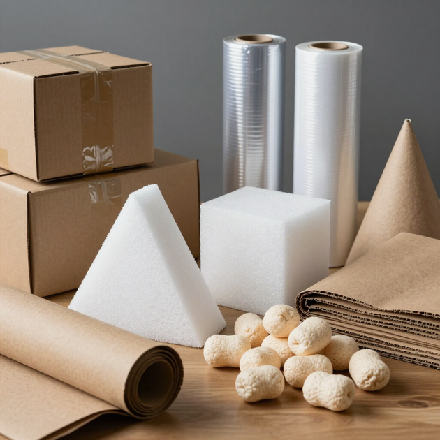 Materiali da imballaggio: scatole di cartone, blocchi di polistirolo, rotoli di pluriball e imbottitura di carta su un tavolo.