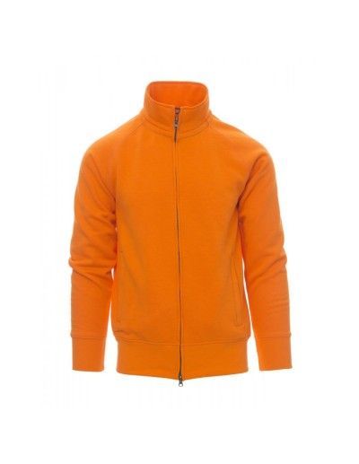Giacca in pile arancione con cerniera, collo alto e maniche lunghe, vista frontale su sfondo bianco.