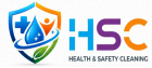 Logo di HSC Health & Safety Cleaning con scudo blu e arancione, goccia d'acqua e icona a croce.