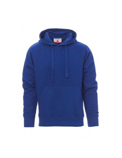 Felpa blu con cappuccio e coulisse, vista frontale su sfondo bianco.