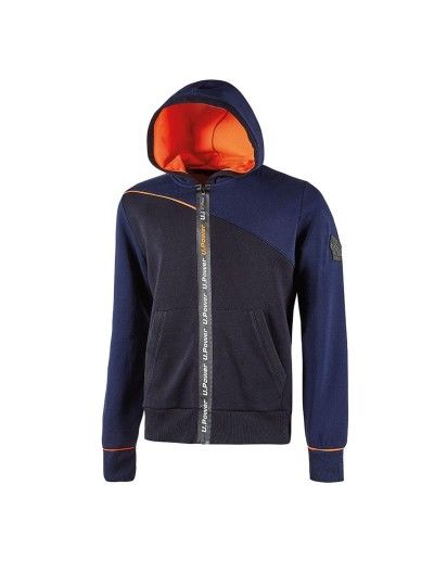 Felpa con cappuccio e zip blu navy con fodera e cappuccio arancioni, vista frontale su sfondo bianco.
