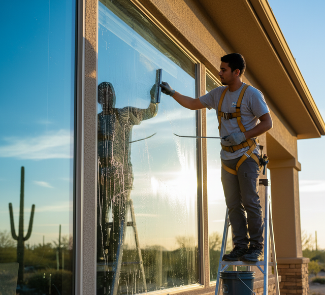 Person washing a large window while standing on a ladder. Safety harness visible; outdoors, sunny day.