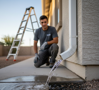 Man kneeling beside a house, water flowing from a gutter. A ladder is nearby.