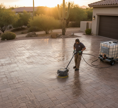 Person using a pressure washer on a brick driveway. Sunset in background.