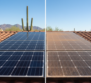 Two solar panels on a rooftop. One is clean, the other dirty. Cactus and mountains in the background.