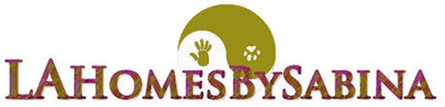 Logo of "LA Homes by Sabina." Green swirl with hand and paw prints, purple text.