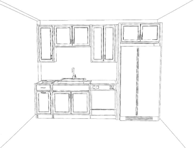 Sketch of a compact kitchen with cabinets, sink, windows, and a tall refrigerator