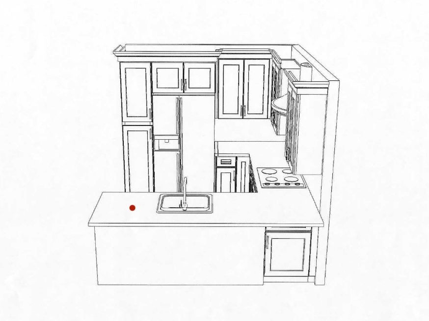 Sketch of a small kitchen layout with cabinets, sink, counter, and stove in black-and-white line drawing.