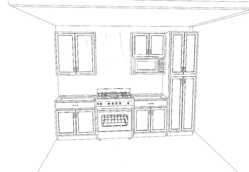 Sketch of a kitchen with cabinets, stove, sink, window, and refrigerator-like tall cabinet.