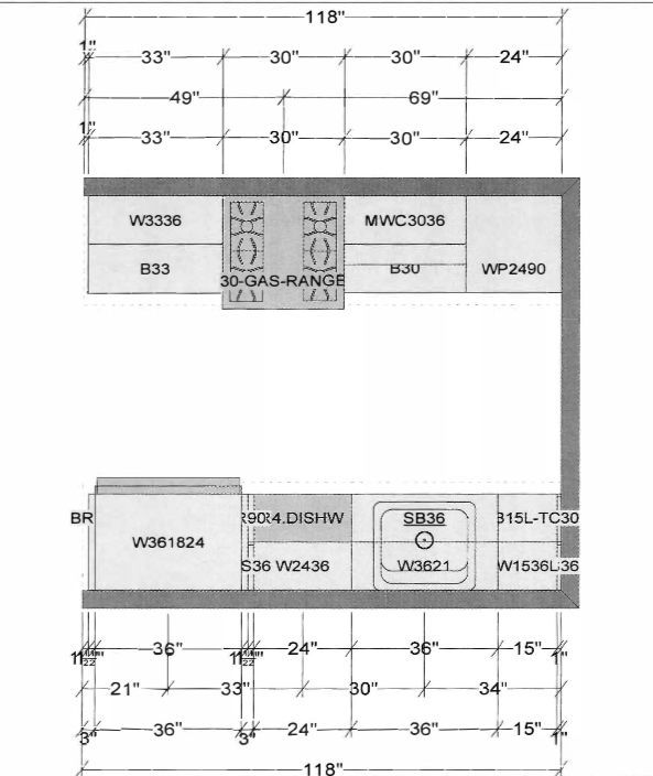 Floor plan sketch with labeled fixtures and dimension measurements.