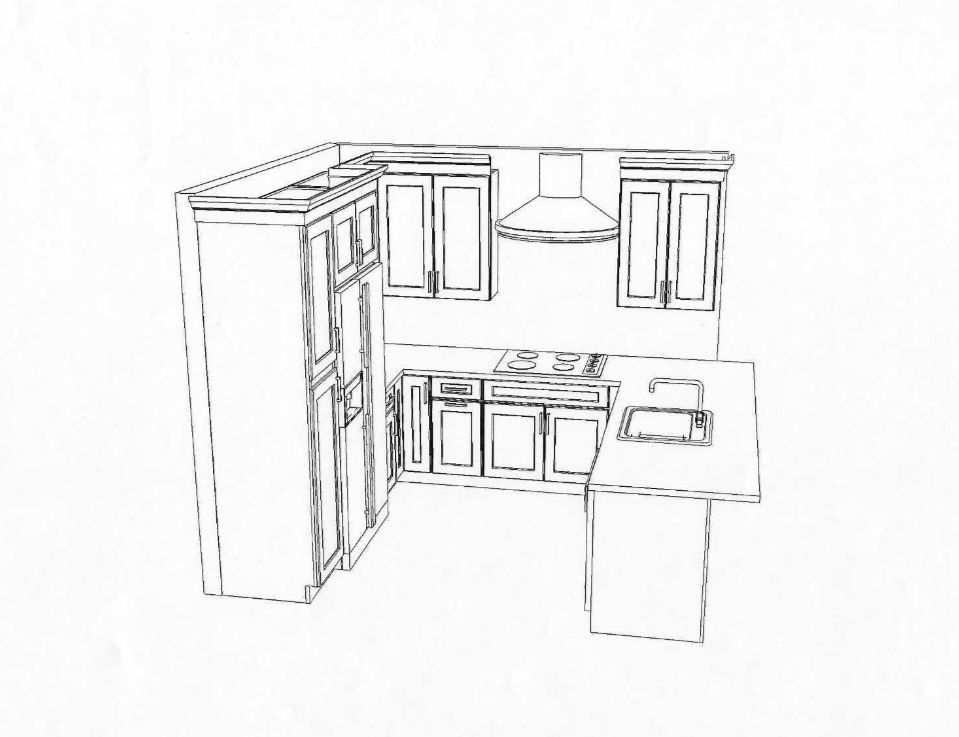 Sketch of a kitchen layout with cabinets, stove, sink, and range hood in a corner.
