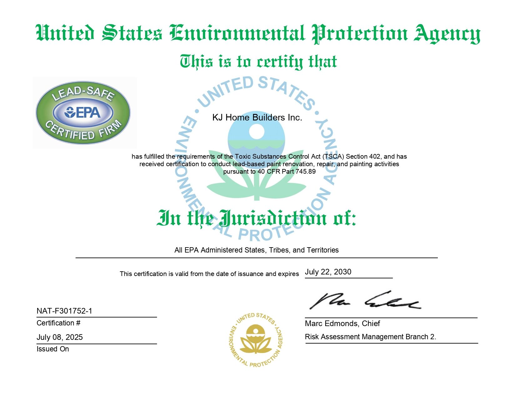 EPA environmental certificate with official seal, signatures, and green text on white background