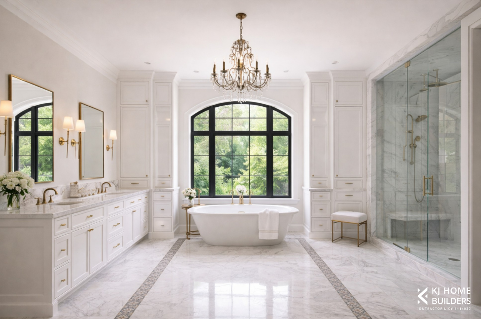 Elegant white bathroom with chandelier, arched window, vanity, glass shower, and freestanding tub