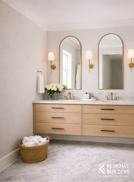 Bright bathroom with double vanity, arched mirrors, brass sconces, and a wicker laundry basket.