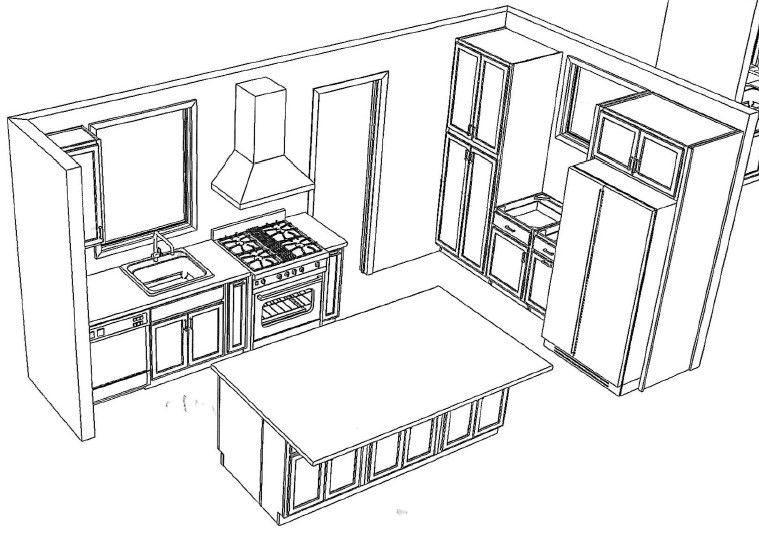 Sketch of a small kitchen with cabinets, stove, sink, fridge, and a central island.