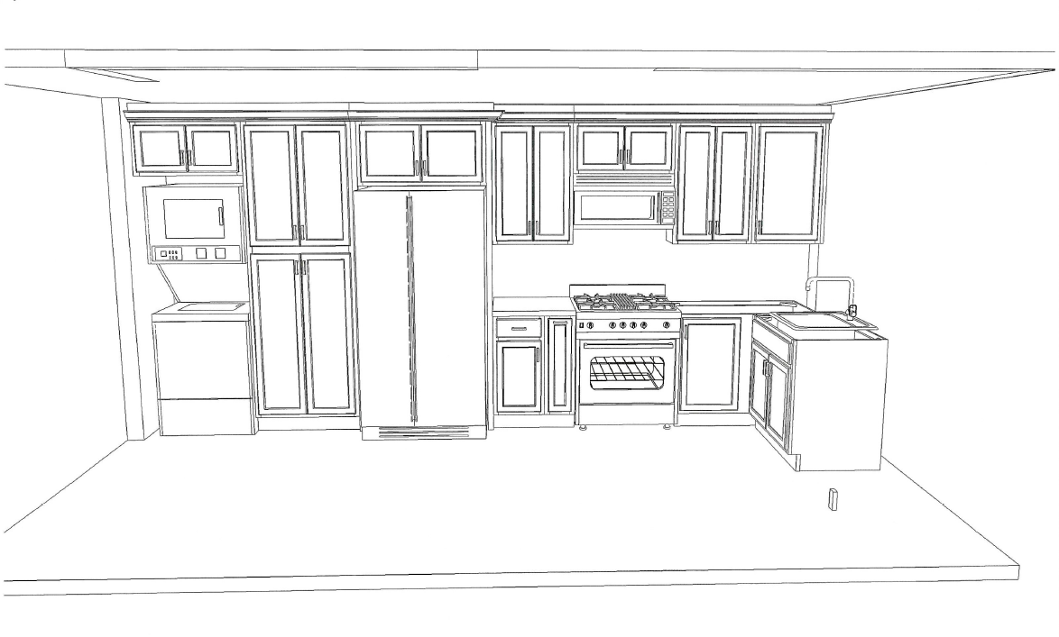 Line drawing of a kitchen with cabinets, refrigerator, stove, sink, and countertop.