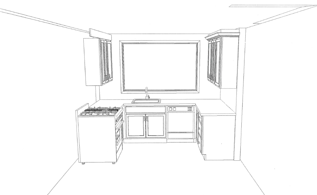 Minimalist line drawing of a kitchen with cabinets, countertop, sink, and wall-mounted TV.