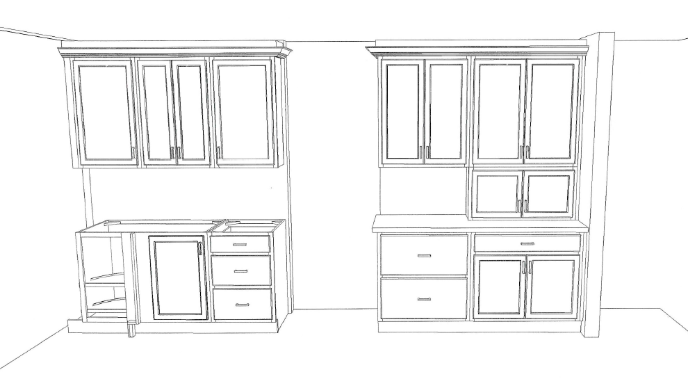 Black-and-white sketch of two storage cabinets with drawers, doors, and glass-front upper sections