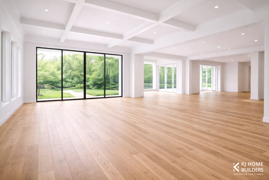 Bright empty living room with hardwood floors, white walls, and large sliding glass doors to a green yard
