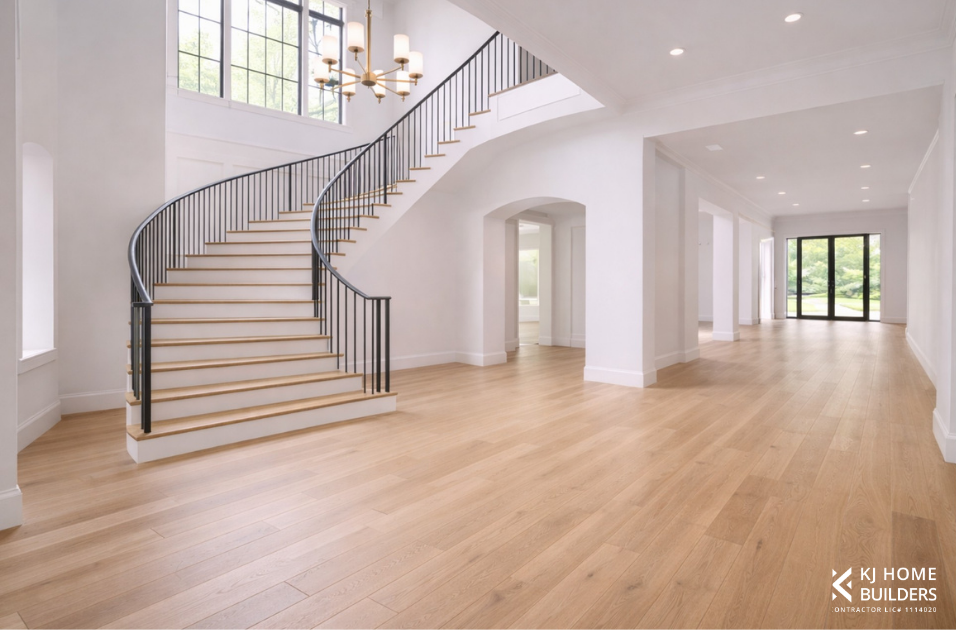 Bright open foyer with curved staircase, white walls, and light wood floors in a modern home.