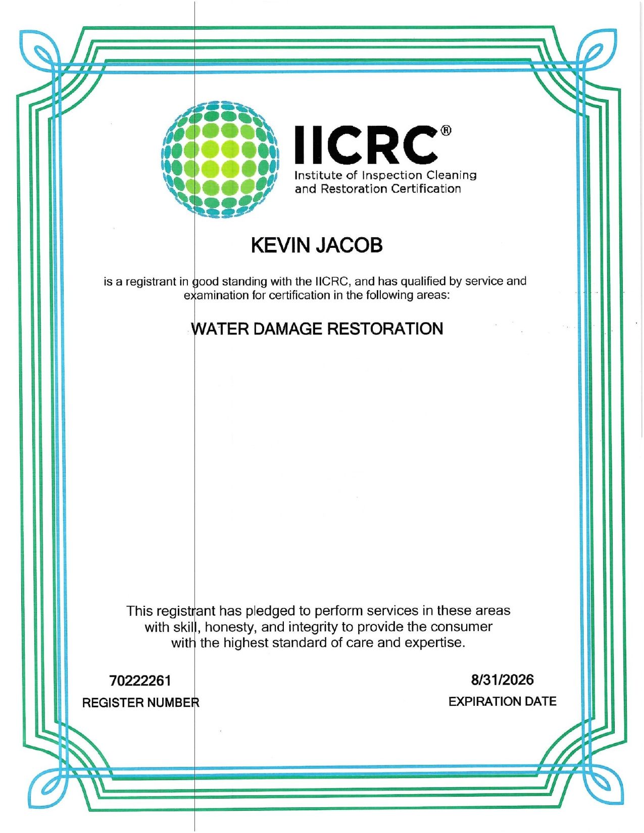 IICRC certification for Kevin Jacobs in water damage restoration, with teal border and logo.