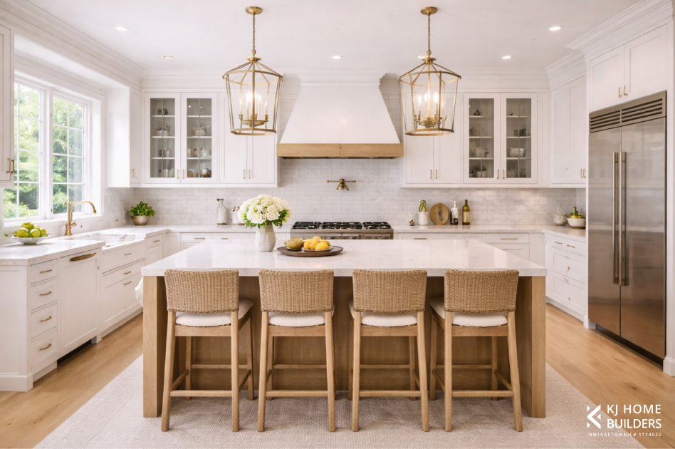 Bright white kitchen with island, wooden stools, brass pendant lights, and large windows