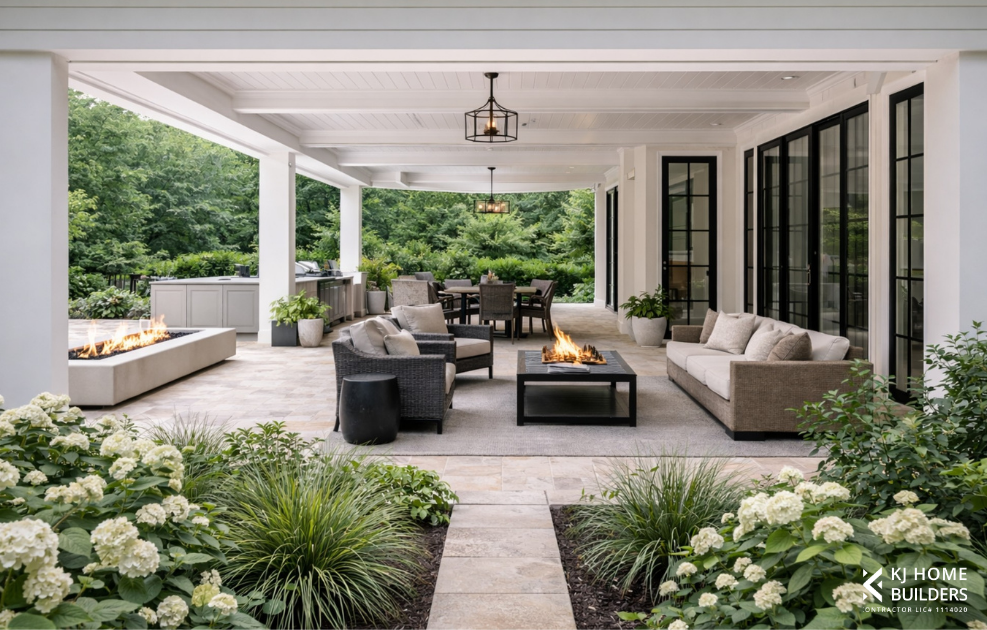 Covered patio with gray seating, fire pit, and lush garden view