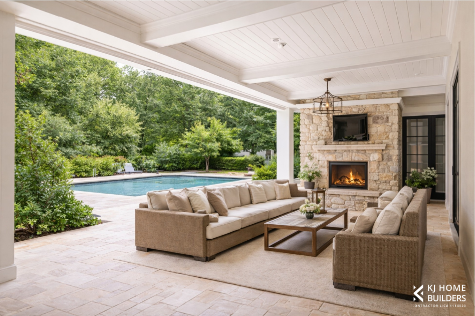 Covered patio with wicker seating, stone fireplace, and view of a backyard pool and trees