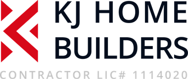 KJ Home Builders logo with red geometric K icon, black text, and gray contractor license number