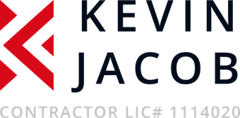 Kevin Jacob Contractor logo with red geometric mark and black text, plus gray contractor license number