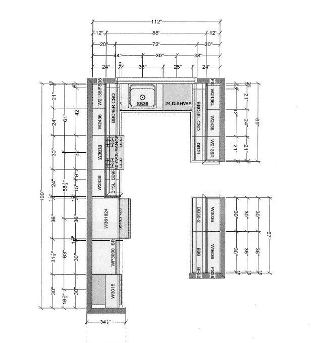Black-and-white kitchen floor plan with labeled counters, cabinets, and dimensions.