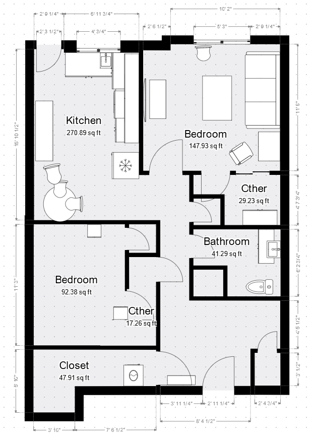 Black-and-white apartment floor plan with kitchen, bedroom, bathroom, closet, and hallways