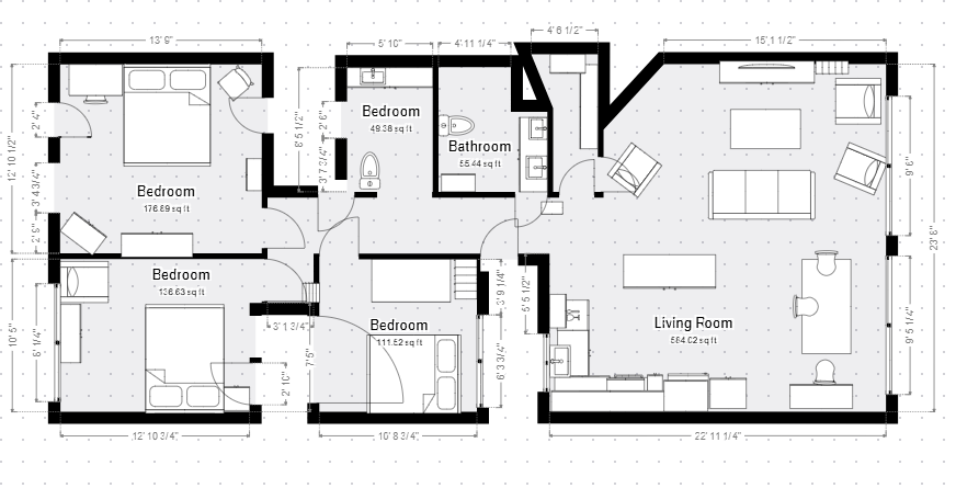 Black-and-white floor plan of a three-bedroom apartment with living room, kitchen, and two baths.