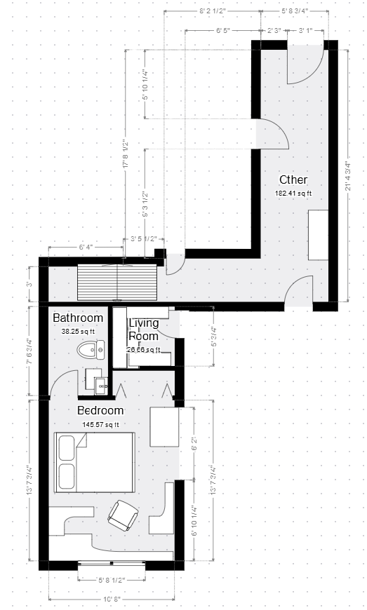 Black-and-white house floor plan with labeled rooms, doors, and dimensions.