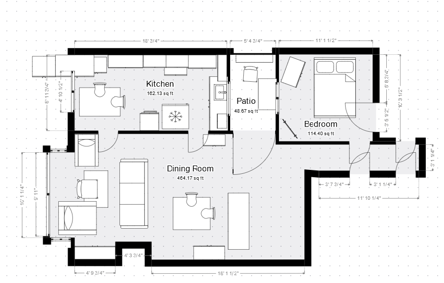 Black-and-white floor plan of a home with kitchen, living room, bath, patio, and bedroom.