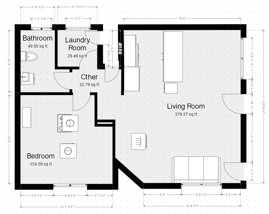 Floor plan of a small home with bedroom, bathroom, laundry room, child’s room, and living room.