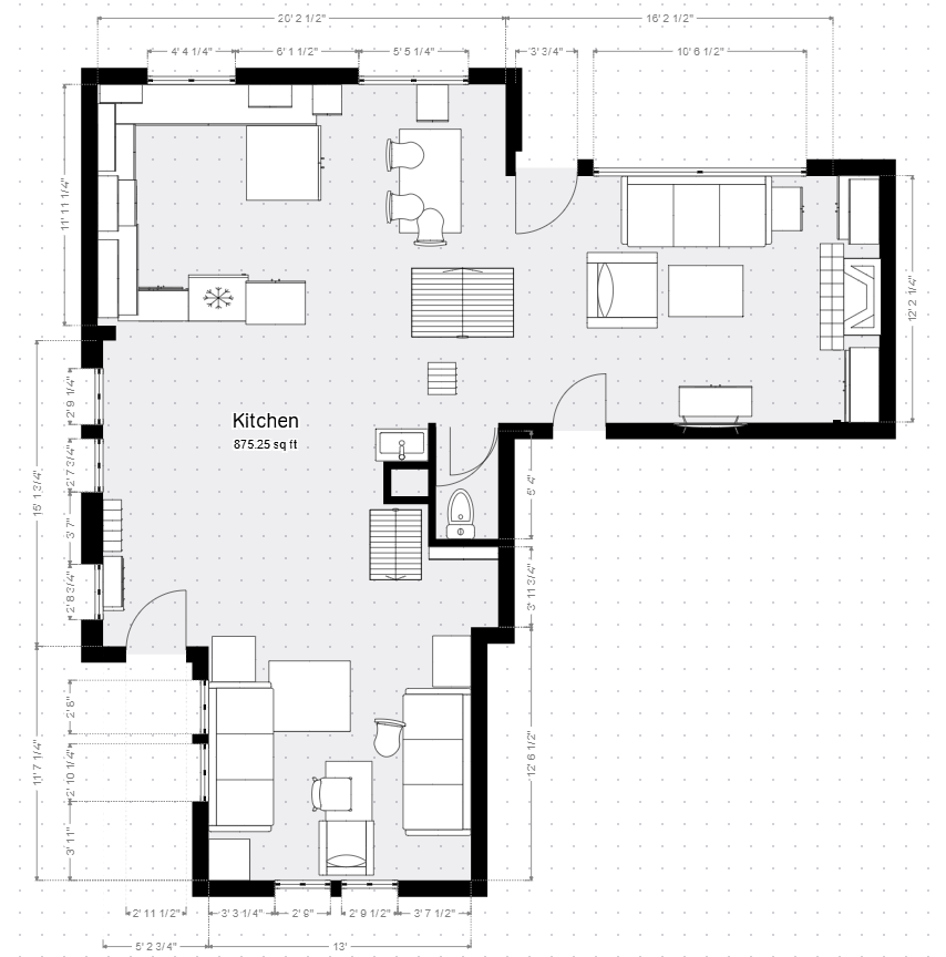 Black-and-white floor plan of a kitchen, dining, and living area with furniture and stairs.